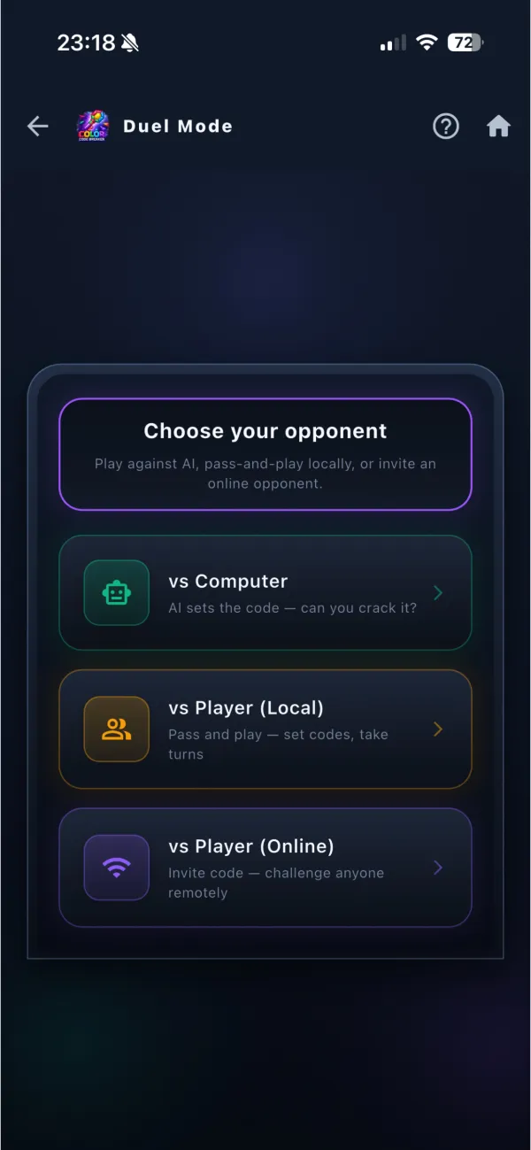 Duel mode: play vs computer, vs player locally, or vs player online