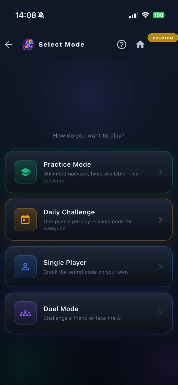 Color Code Breaker mode selection: Practice, Daily Challenge, Single Player and Duel