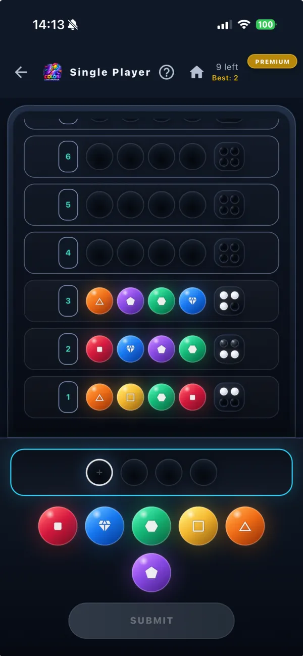 Single player board with color guesses and black and white feedback pins