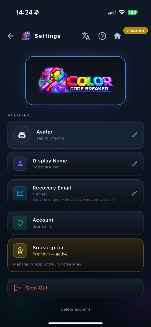 Profile and settings screen